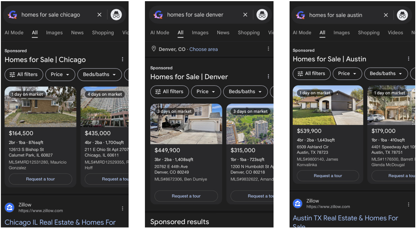 Screenshot van immo listings in Google